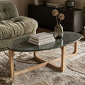 Ovaler Couchtisch aus schwarzem Marmor und Naturholz – 120x60 cm