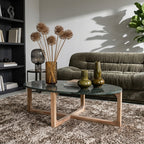 Ovaler Couchtisch aus schwarzem Marmor und Naturholz – 120x60 cm