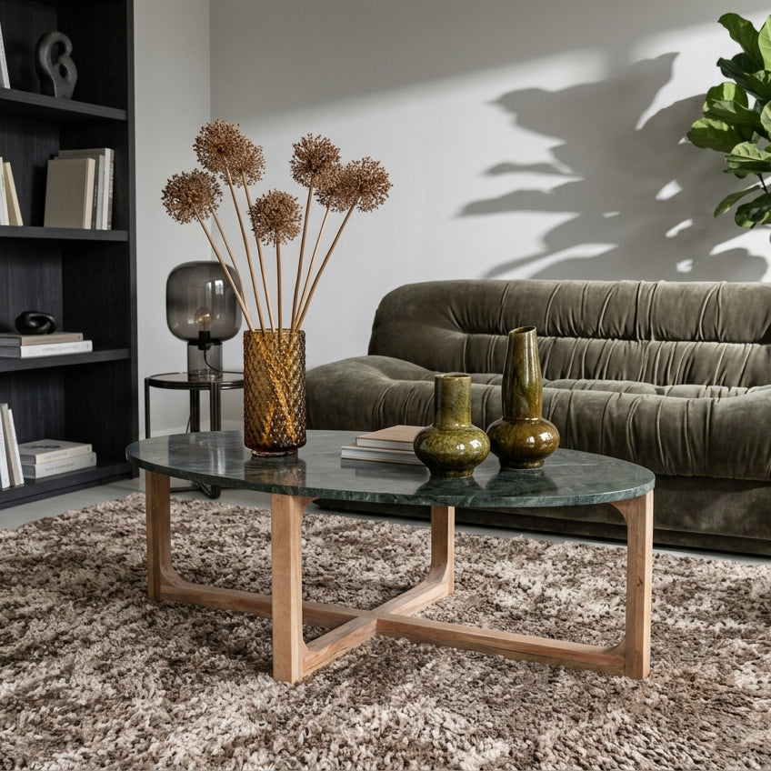Ovaler Couchtisch aus schwarzem Marmor und Naturholz – 120x60 cm