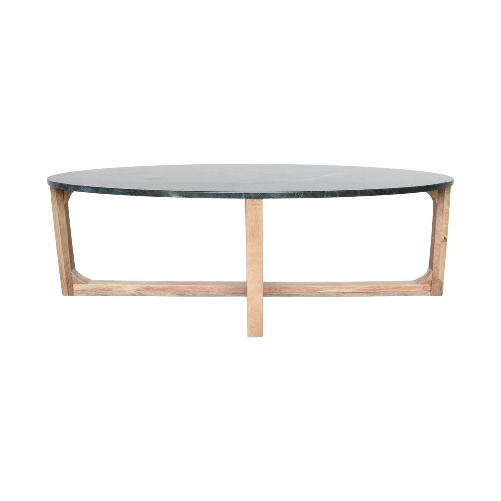 Ovaler Couchtisch aus schwarzem Marmor und Naturholz – 120x60 cm