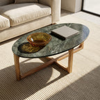 Ovaler Couchtisch aus schwarzem Marmor und Naturholz – 120x60 cm