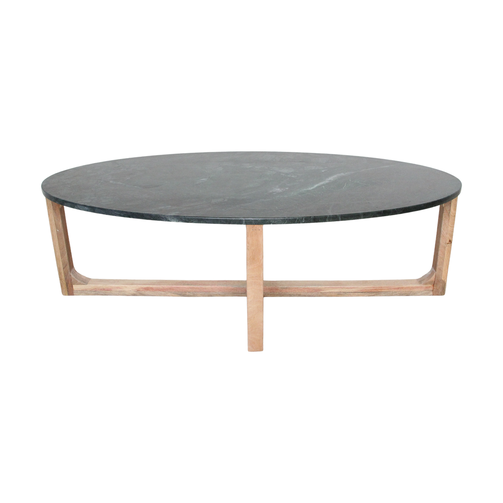 Ovaler Couchtisch aus schwarzem Marmor und Naturholz – 120x60 cm