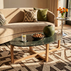 Ovaler Couchtisch aus schwarzem Marmor und Naturholz – 120x60 cm