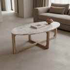 Ovaler Couchtisch aus Marmor in Creme und Holz – 120x60 cm
