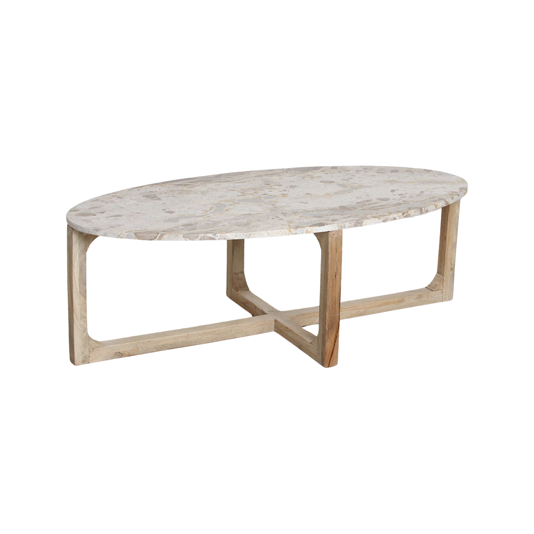 Table basse ovale marbre crème et bois pour salon – 120x60 cm