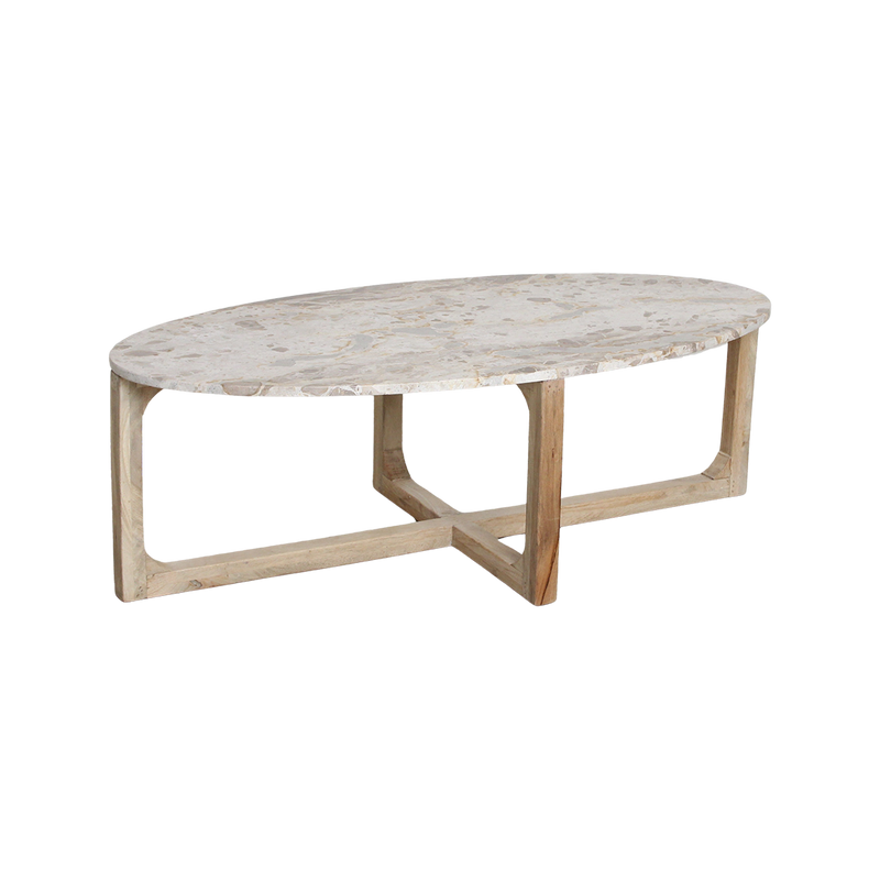 Ovaler Couchtisch aus Marmor in Creme und Holz – 120x60 cm