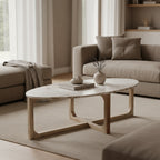 Ovaler Couchtisch aus Marmor in Creme und Holz – 120x60 cm