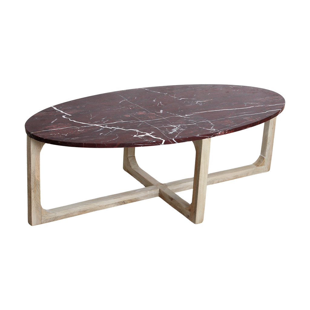 Couchtisch aus bordeauxrotem Marmor mit hellem Holzgestell – 120x65 cm