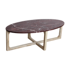 Couchtisch aus bordeauxrotem Marmor mit hellem Holzgestell – 120x65 cm