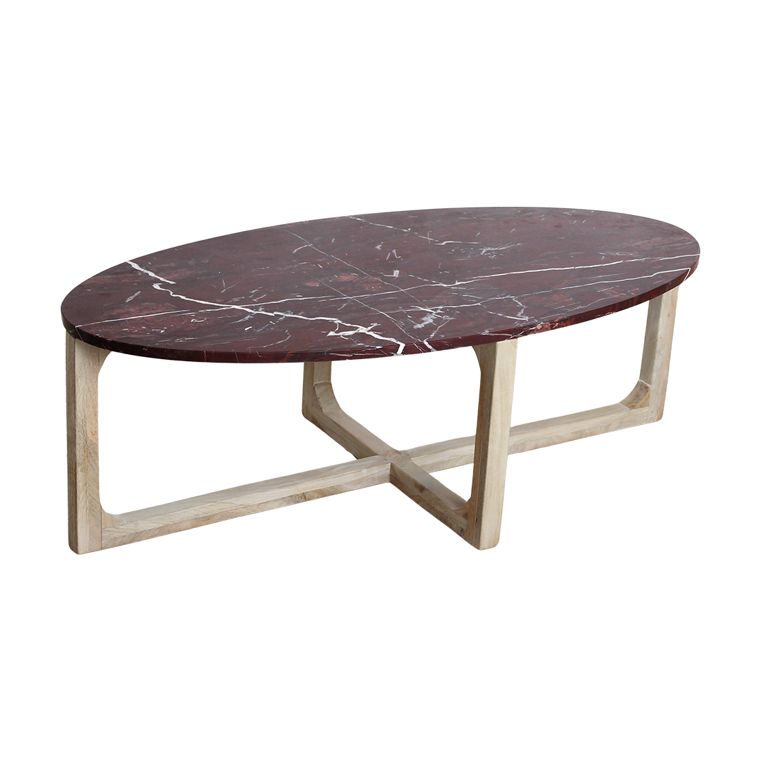 Couchtisch aus bordeauxrotem Marmor mit hellem Holzgestell – 120x65 cm