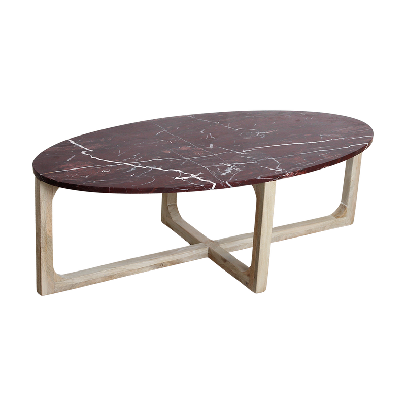 Couchtisch aus bordeauxrotem Marmor mit hellem Holzgestell – 120x65 cm