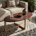 Couchtisch aus bordeauxrotem Marmor mit hellem Holzgestell – 120x65 cm