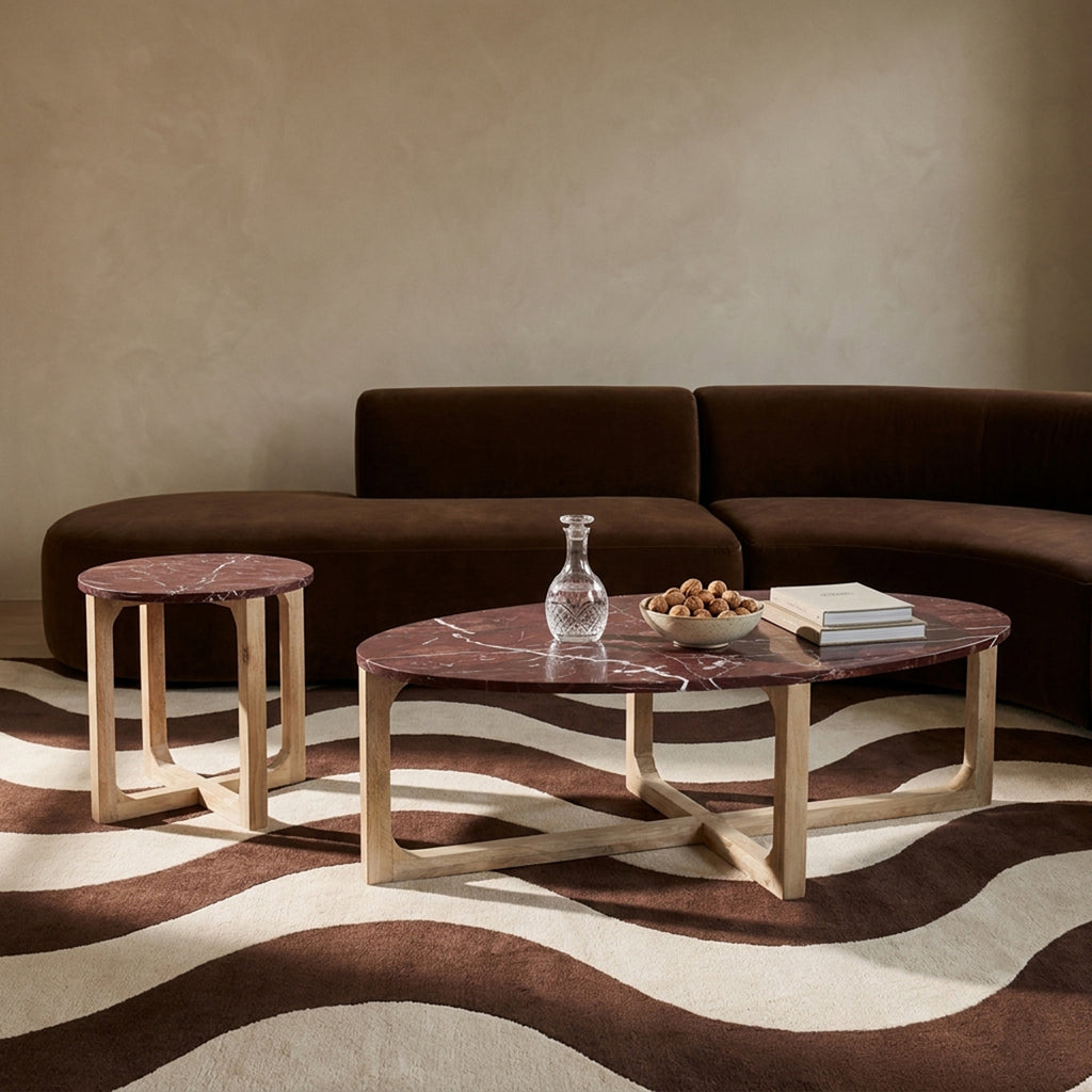 Couchtisch aus bordeauxrotem Marmor mit hellem Holzgestell – 120x65 cm