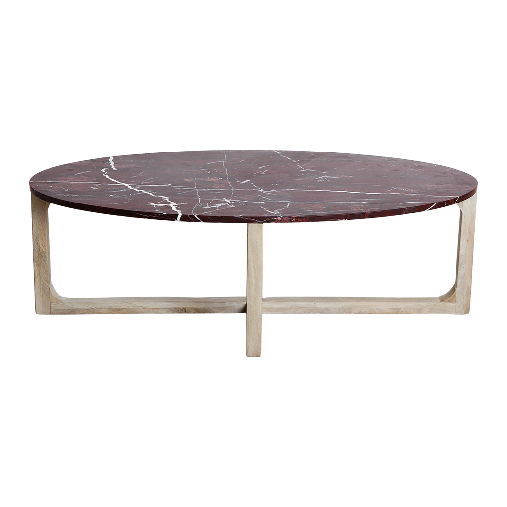 Couchtisch aus bordeauxrotem Marmor mit hellem Holzgestell – 120x65 cm