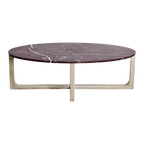 Couchtisch aus bordeauxrotem Marmor mit hellem Holzgestell – 120x65 cm