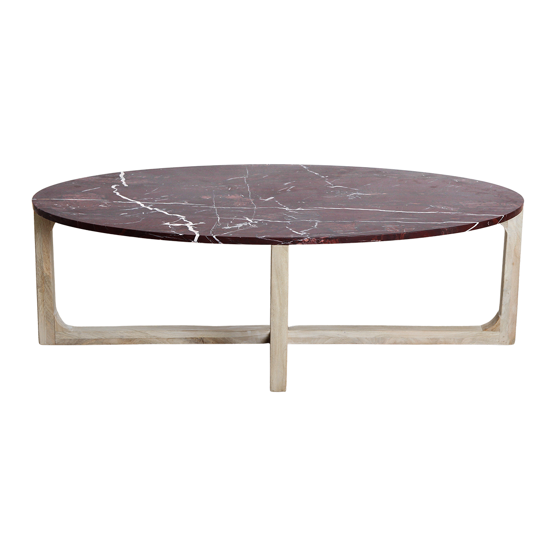 Couchtisch aus bordeauxrotem Marmor mit hellem Holzgestell – 120x65 cm