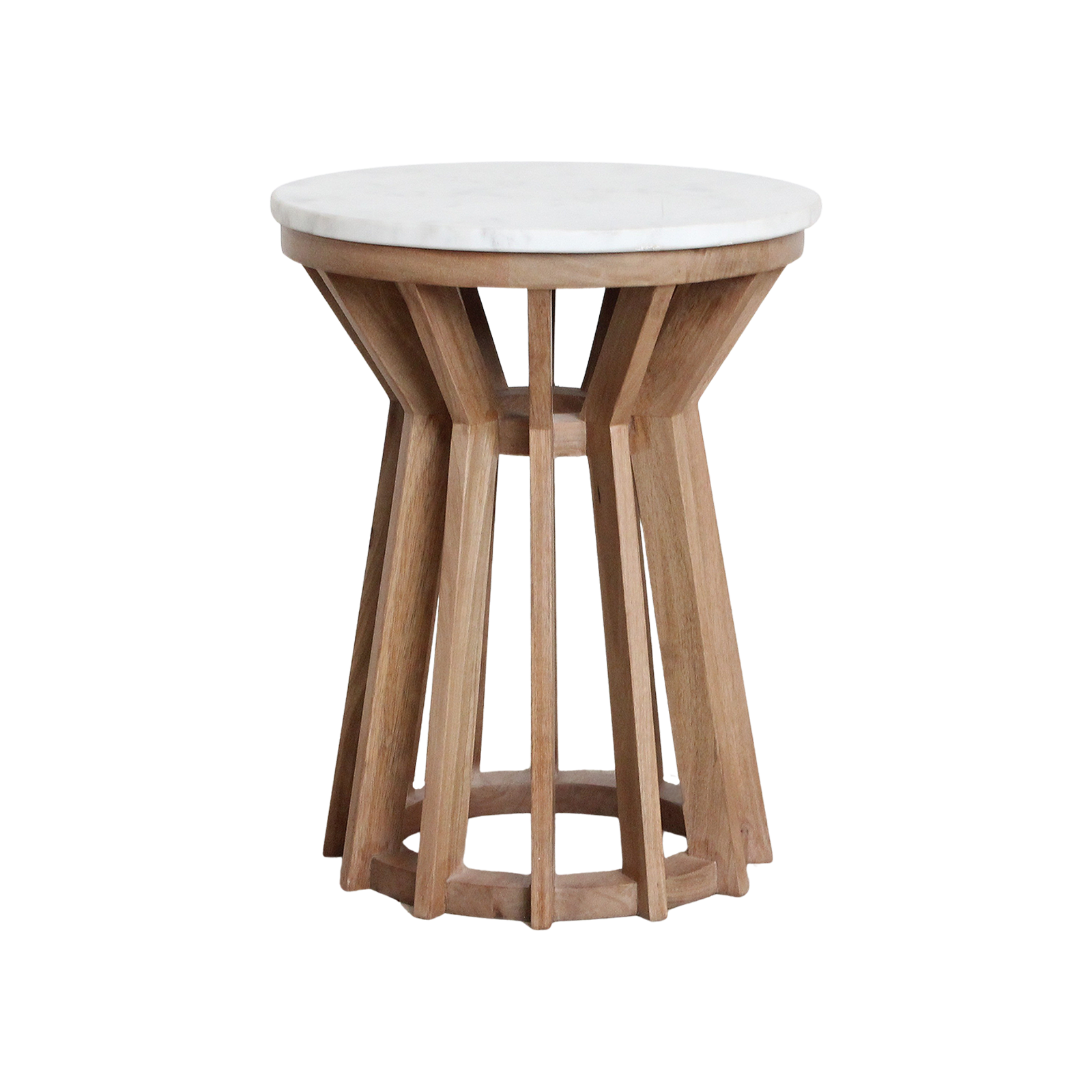 Table d’appoint ronde marbre blanc et bois clair ajouré – Ø40 cm