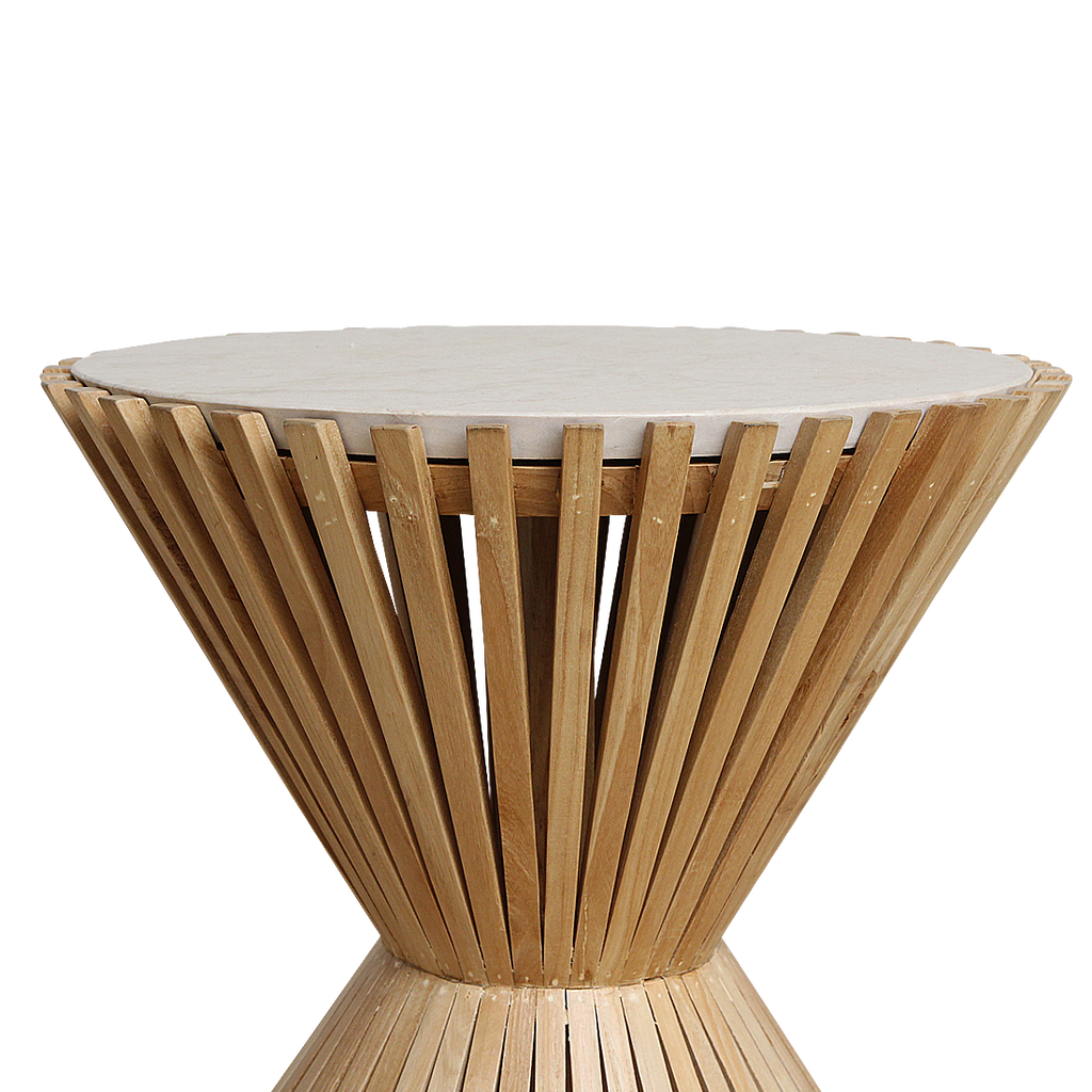 Runder Beistelltisch aus hellem Marmor mit Sanduhr-Gestell aus Holz – Ø46 cm