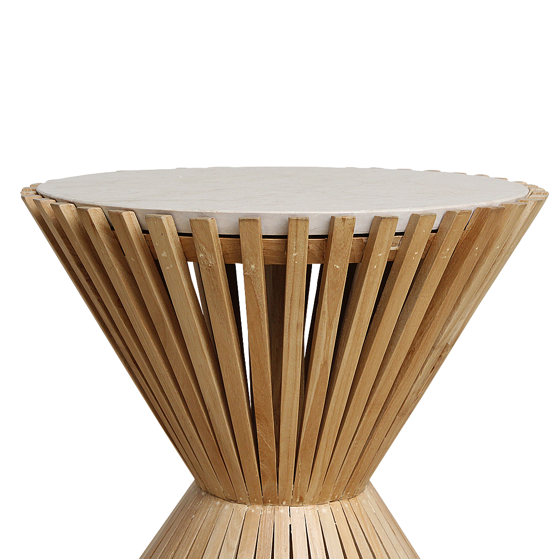 Runder Beistelltisch aus hellem Marmor mit Sanduhr-Gestell aus Holz – Ø46 cm