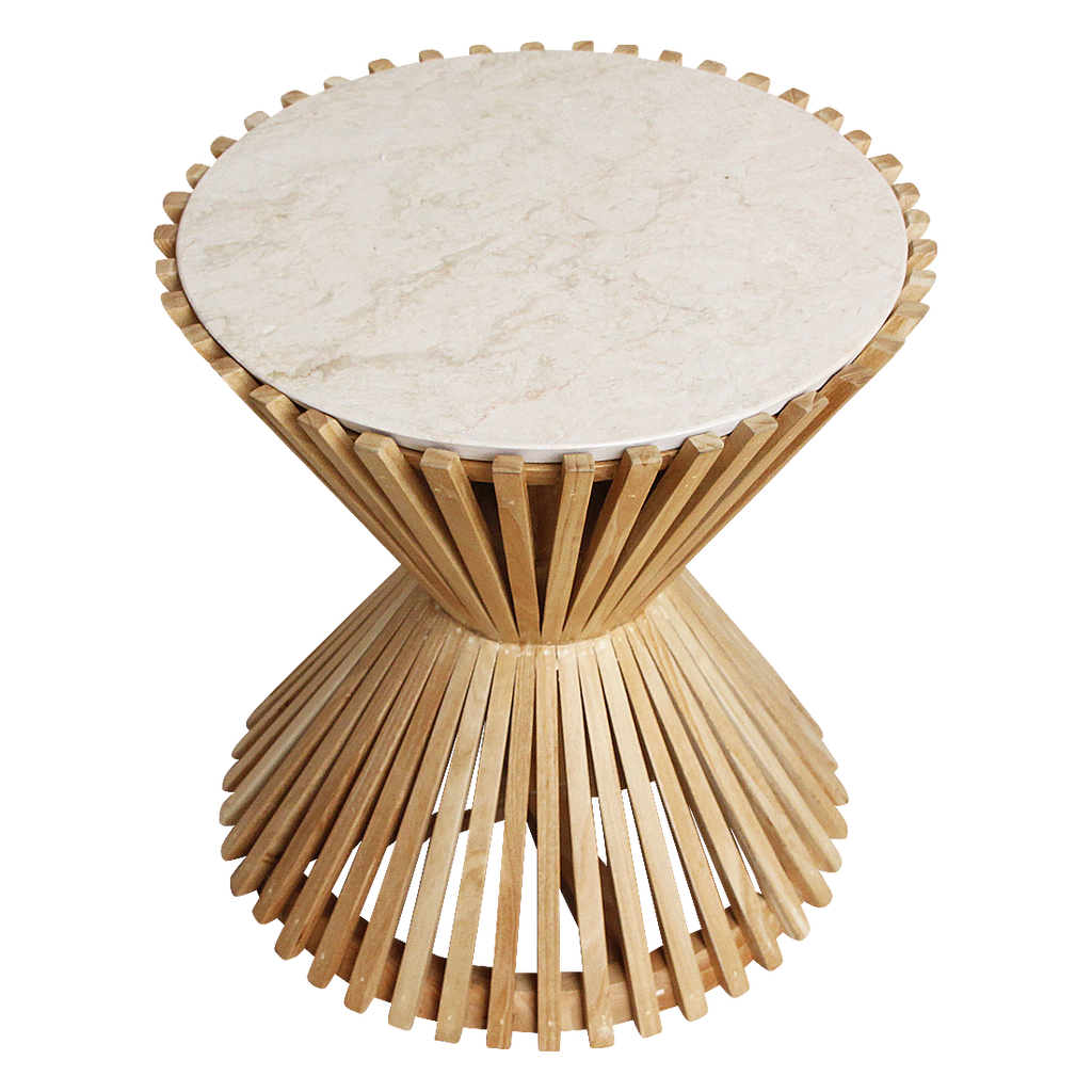 Runder Beistelltisch aus hellem Marmor mit Sanduhr-Gestell aus Holz – Ø46 cm
