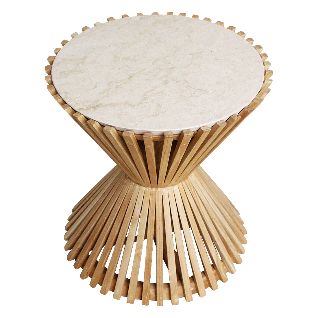 Runder Beistelltisch aus hellem Marmor mit Sanduhr-Gestell aus Holz – Ø46 cm