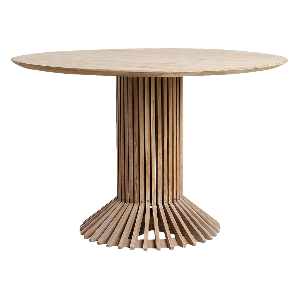 Table à manger ronde en teck recyclé pied ajouré sculptural – Ø140 cm