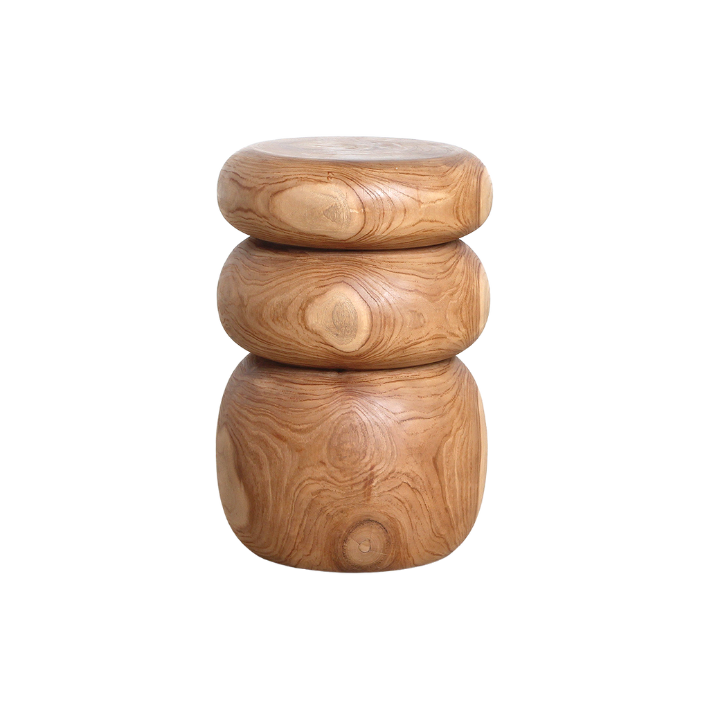 Hocker aus massivem Teakholz in Kieselform, Beige – H45 cm