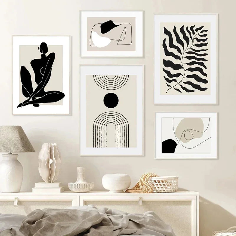 Ensemble d’art mural abstrait noir et blanc sur toile beige pour mur décoration