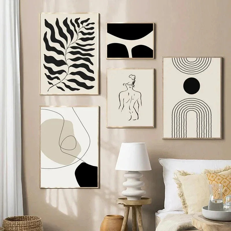 Murale de galerie d’arts minimalistes noirs et crème sur toile rectangulaire sans cadre