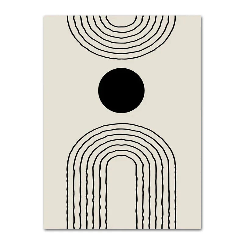 Abstraktes Wandposter aus Leinwand in Beige und Schwarz mit Kreis und Linien