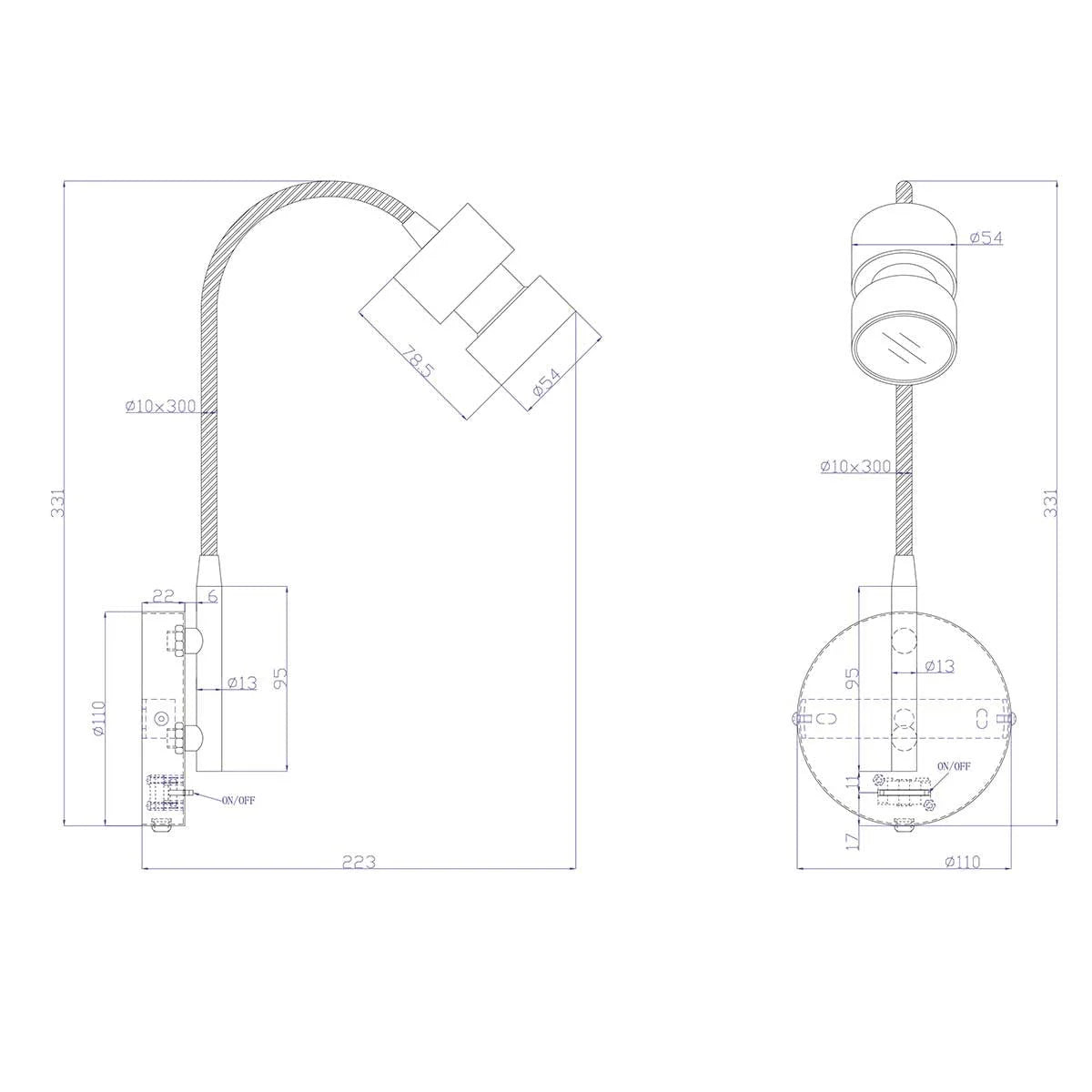 Dessin technique dune applique murale en métal argenté avec tête orientable pour intérieur