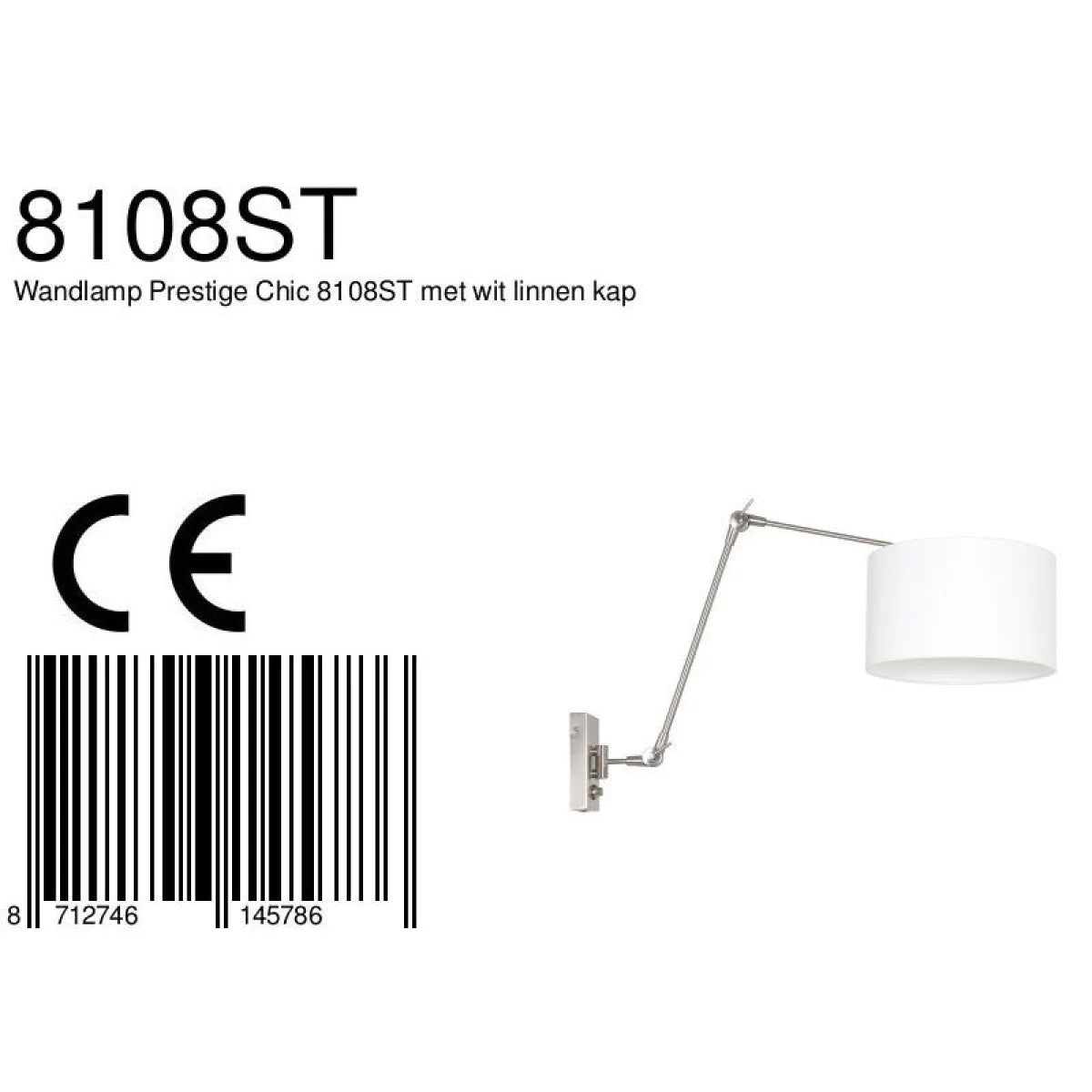 Applique murale en métal chromé avec bras articulé et abat-jour blanc réglable