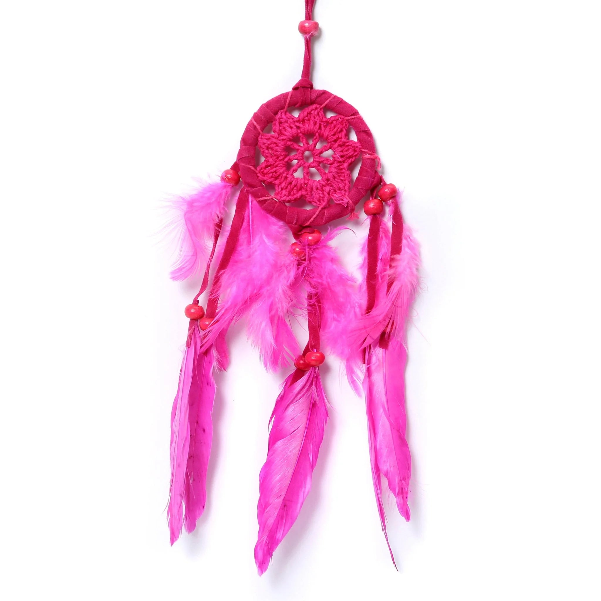 Attrape-rêves rose crocheté en bois avec plumes et perles naturelles