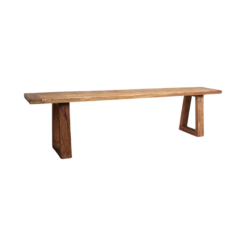 Sitzbank aus Recyclingholz in Honigbraun mit Trapezbeinen – 180x30 cm