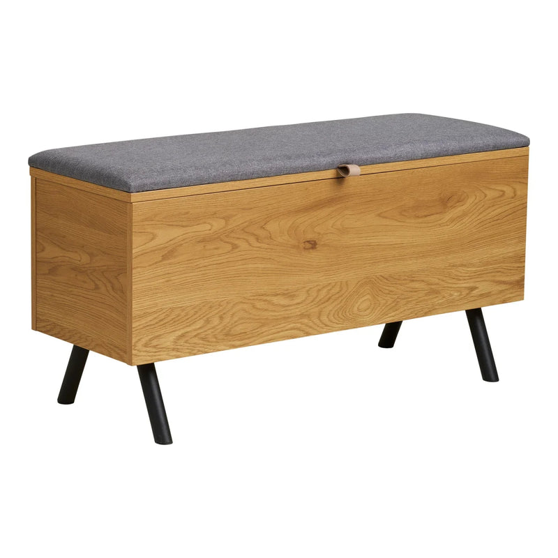 Truhenbank aus Holz in Eichenoptik mit grauer Sitzfläche und schwarzen Beinen – 92x33 cm