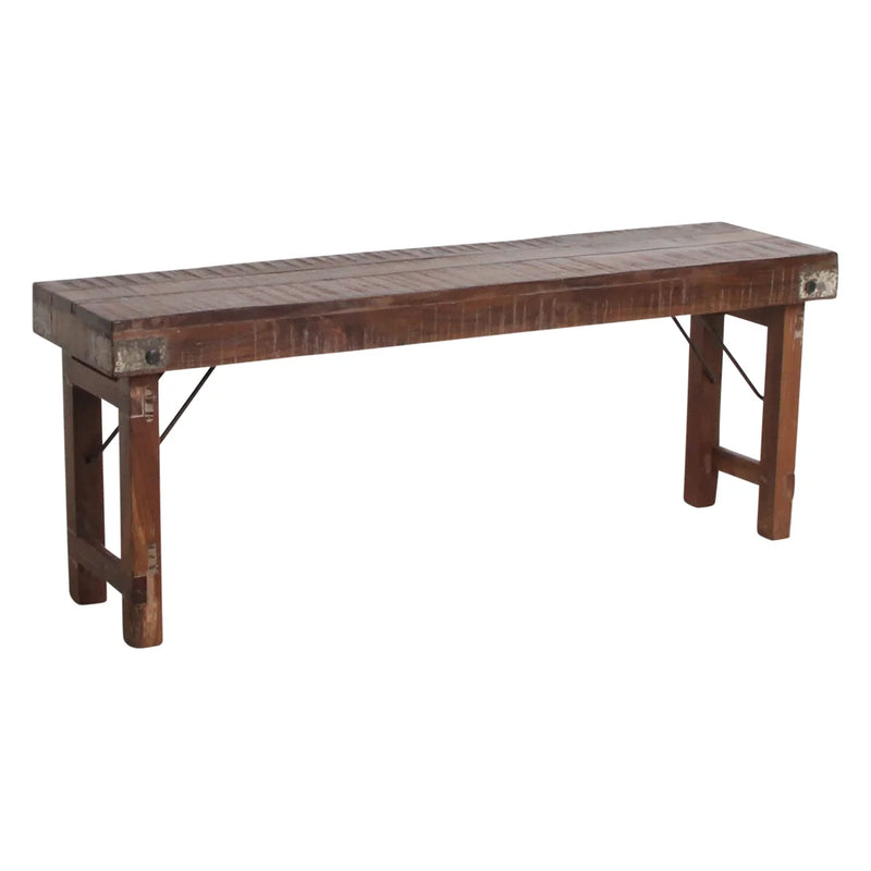 Klappbare Sitzbank aus recyceltem Holz in Braun mit schwarzen Metallstreben – 120x30 cm