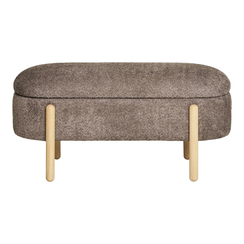 Ovale Sitzbank aus Bouclé in Taupe mit Beinen aus hellem Holz – 98x41 cm