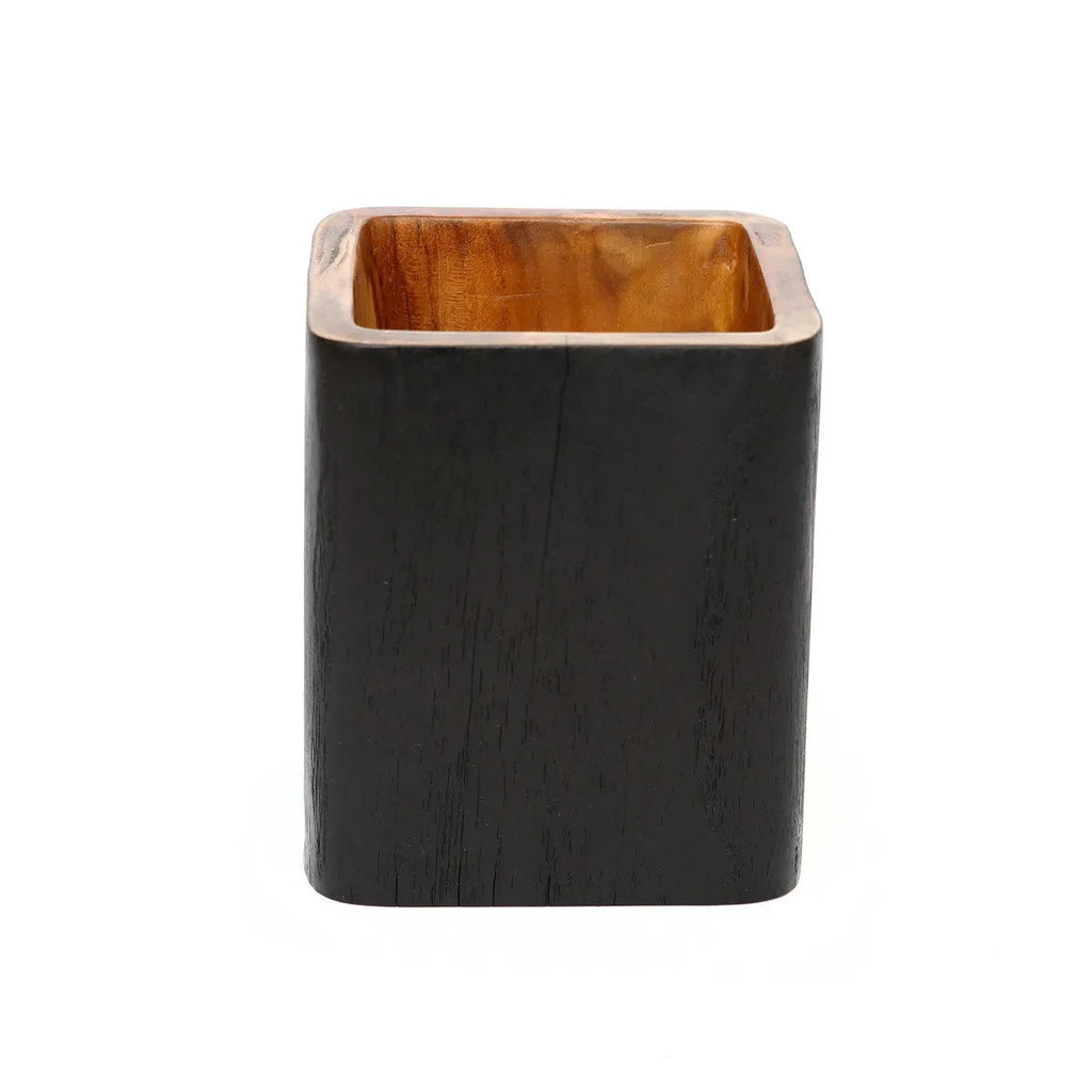Pot à crayons en bois de teck noir carré avec intérieur naturel doré
