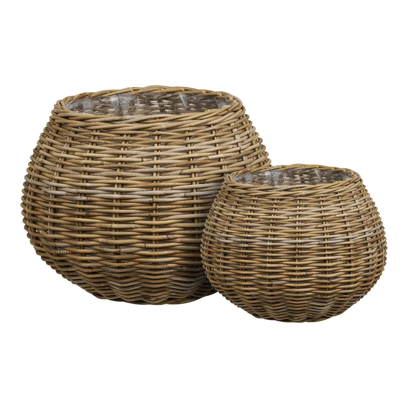 Runder Übertopf aus geflochtenem Naturrattan mit wasserdichtem Innenfutter – 2er-Set