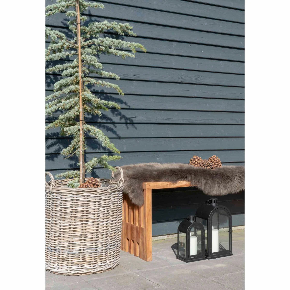 Cache-pot rond en rotin kubu avec anses, arbre conifère en panier gris