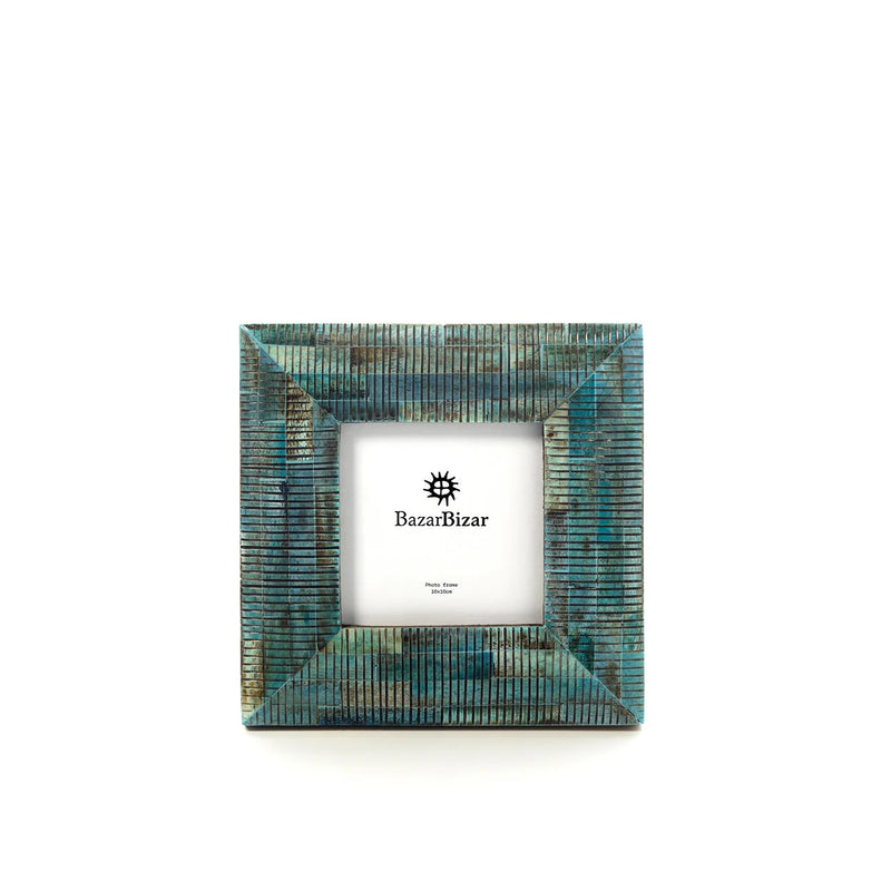 Boho-Bilderrahmen aus Büffelknochen in Türkis – 17x17 cm