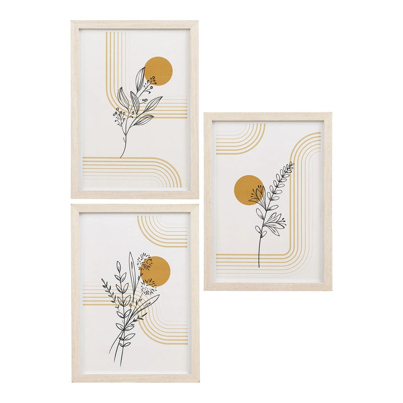 Wandbilder mit Rahmen aus hellem Holz und grafischen Motiven – 3er-Set