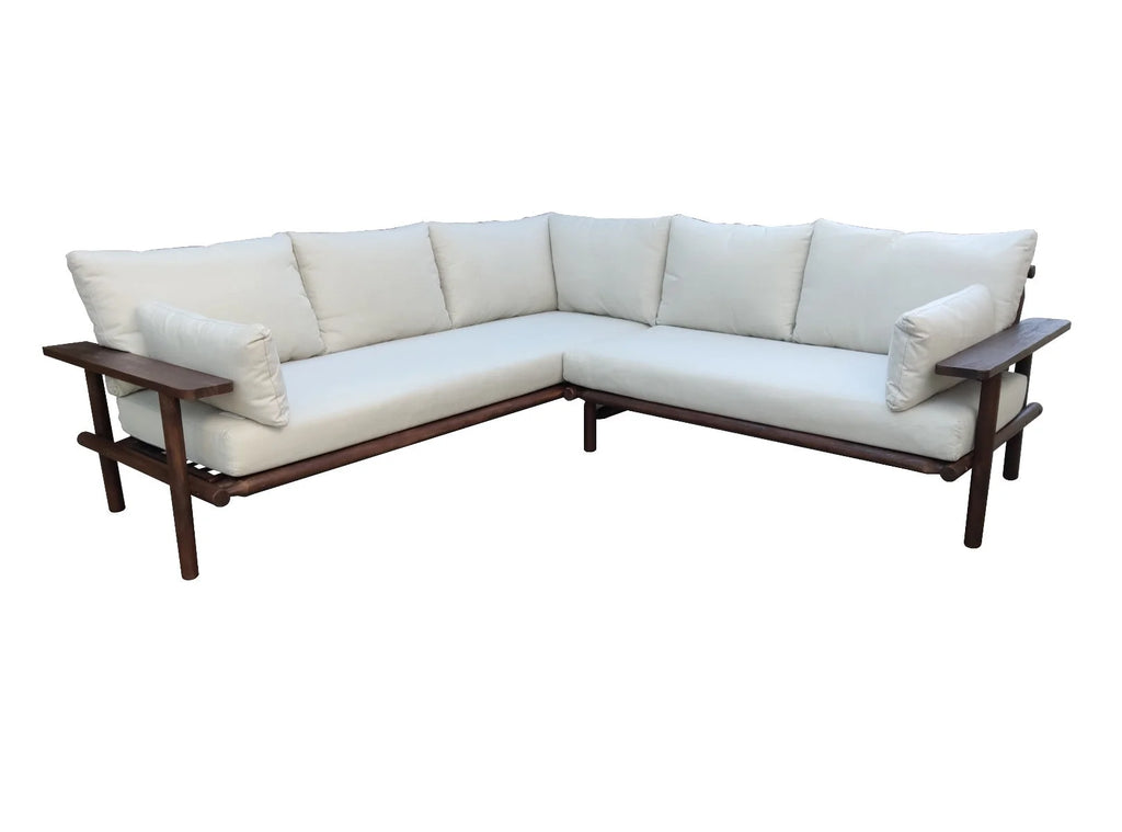 Canapé d’angle modulable en acacia foncé avec coussins écru, set de 2