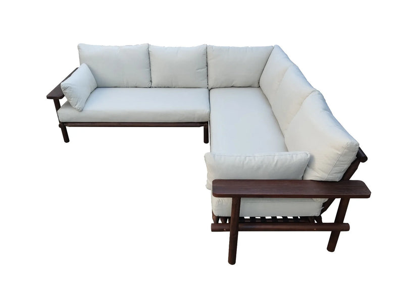 Modulares Ecksofa aus dunkler Akazie mit Ecru-Kissen für draußen – 2-teilig