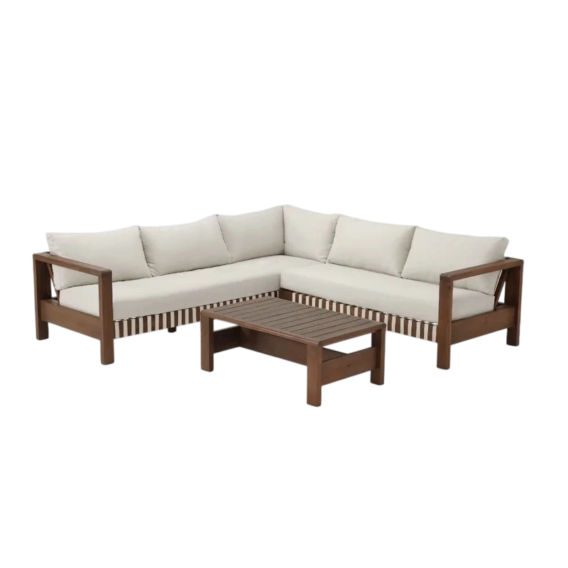 Garten-Ecksofa aus dunklem Holz mit Ecru-Kissen – 3-teiliges Set