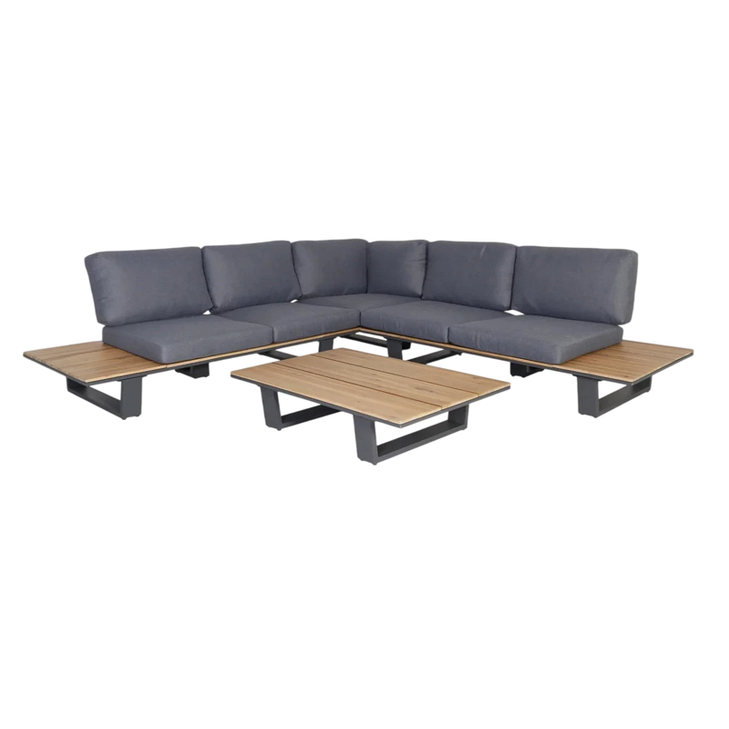 Garten-Ecksofa aus Metall in Anthrazit und Holz mit Tisch – 3-teilig