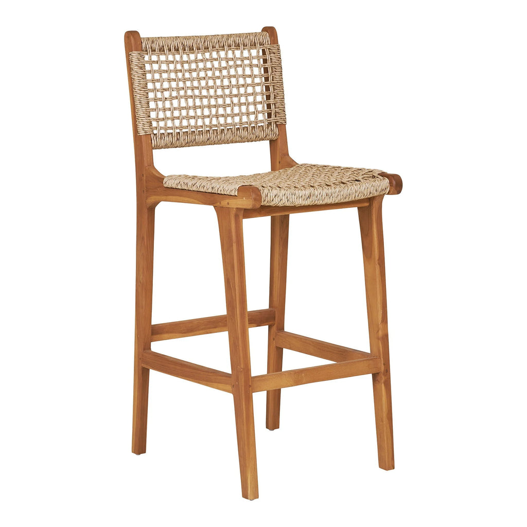 Chaise de bar en teck naturel avec dossier ajouré en corde tressée, H94 cm