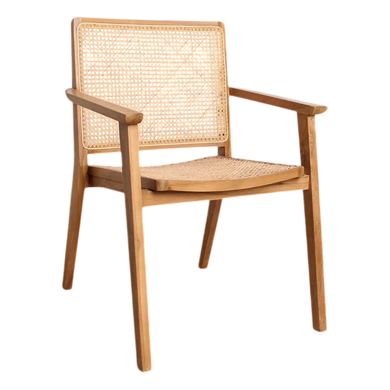 Stuhl aus Teakholz mit Rattangeflecht und Armlehnen, Natur – 2er-Set