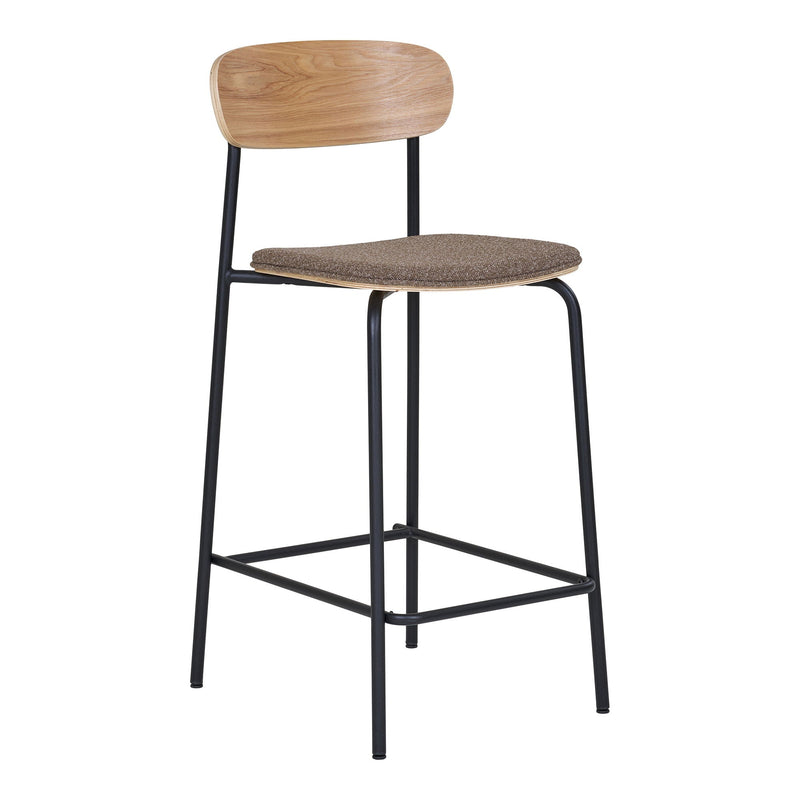 Barhocker aus Holz und Stoff in Braun mit schwarzen Metallbeinen – 2er-Set