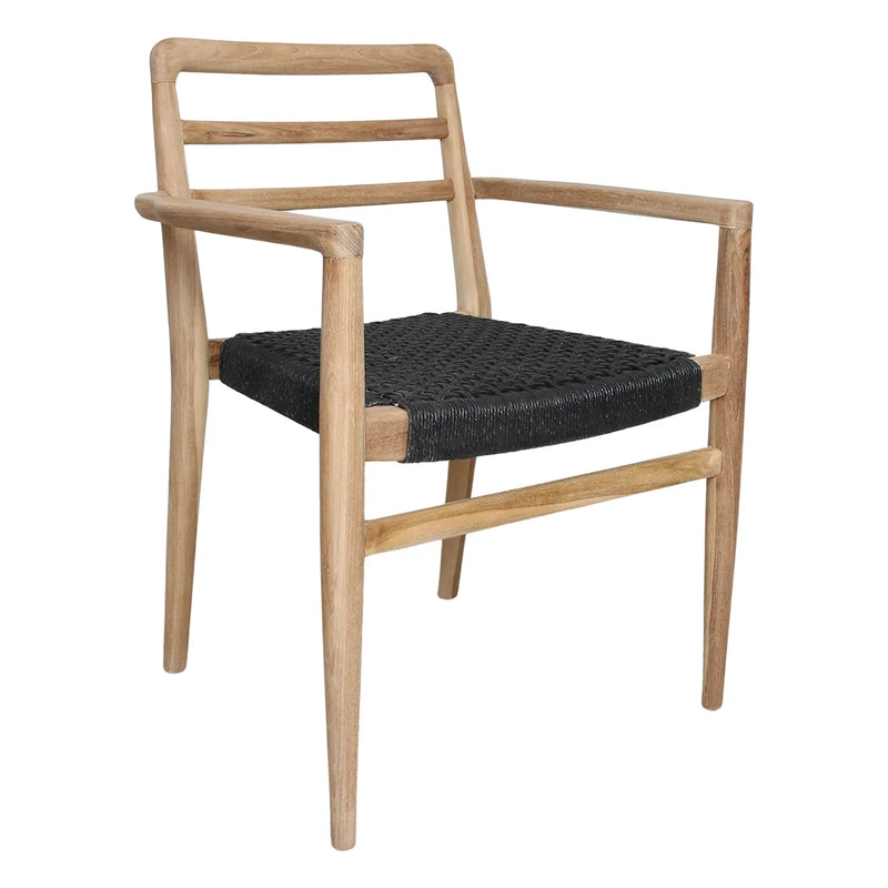 Gartenstuhl aus recyceltem Teakholz mit schwarzem Seilgeflecht und Armlehnen – 2er-Set